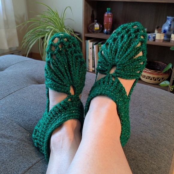 Handmade Knitted Acrylic Yarn Slipper Sandals Pantouffles Forest Green Silver - Picture 1 of 5